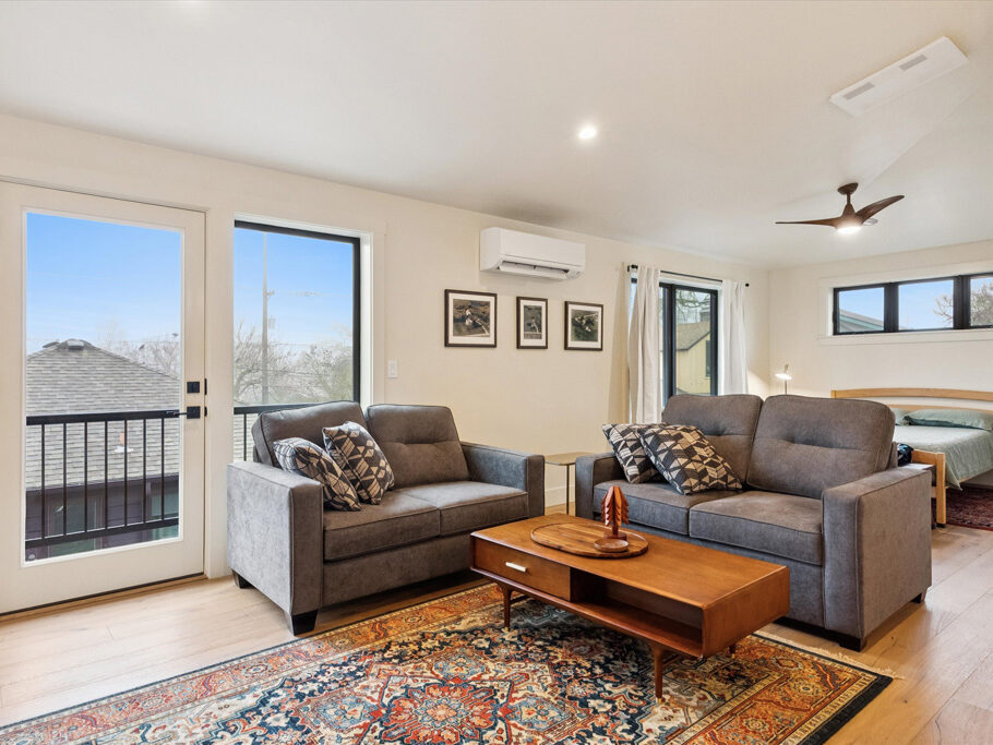 Living area in the 2nd story ADU with garage underneath, contemporary styling