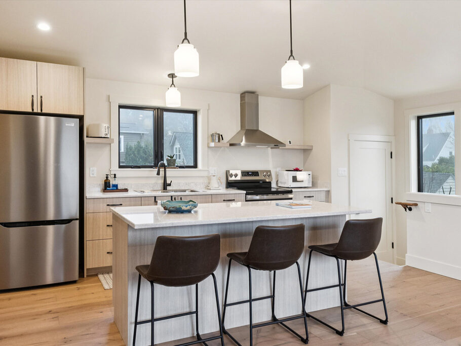 Kitchen island in the 2nd story ADU with garage underneath, contemporary styling