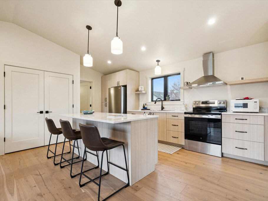 Kitchen island in the 2nd story ADU with garage underneath, contemporary styling