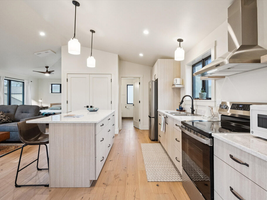 Kitchen island in the 2nd story ADU with garage underneath, contemporary styling