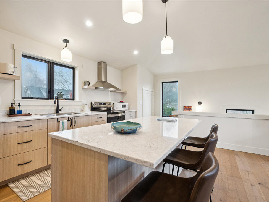 Kitchen in the 2nd story ADU with garage underneath, contemporary styling