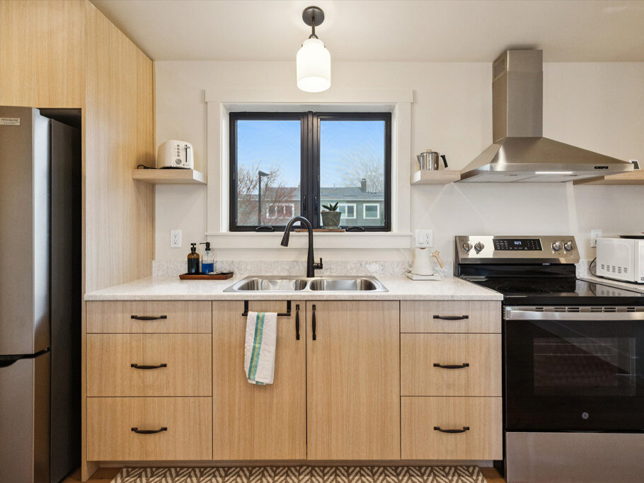 Kitchen in the 2nd story ADU with garage underneath, contemporary styling