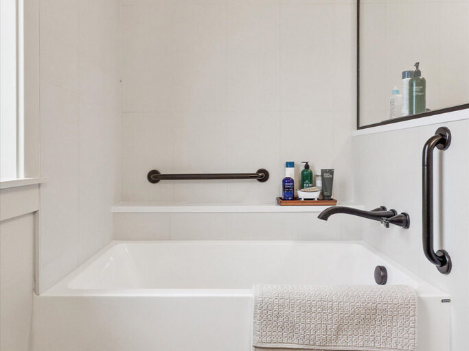 Bath in the 2nd story ADU with garage underneath, contemporary styling